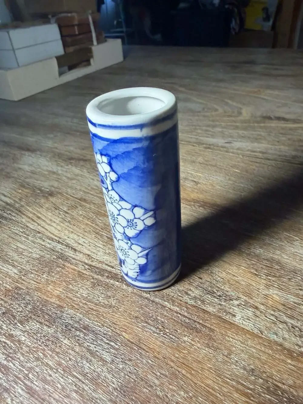 Vintage Chinese Blue and White Porcelain Cherry Blossom Cylinder Bud Vase